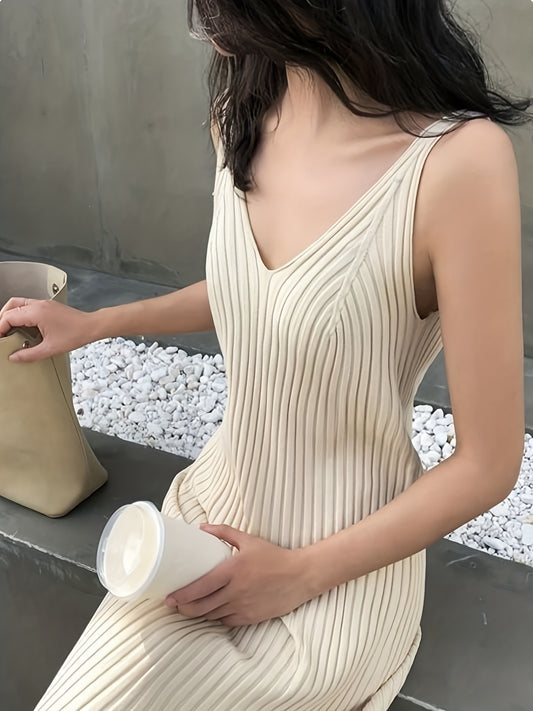 Sixsr Ribbed Solid Dress, Casual V Neck Sleeveless Summer Dress, Women's Clothing