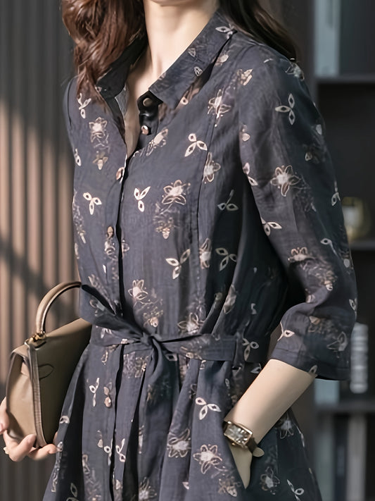 Sixsr Floral Print Shirt Dress, Casual Button Front Midi Dress, Women's Clothing