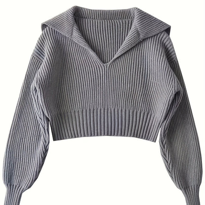 Sixsr Solid Crop Rib Knit Sweater, Casual Long Sleeve V Neck Sweater, Women's Clothing