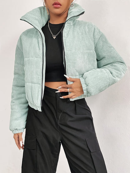 Sixsr Zip Front Stand Collar Coat, Casual Long Sleeve Winter Warm Outerwear, Women's Clothing