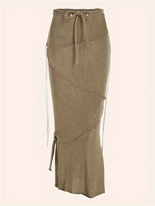 Sixsr Solid Knitted Drawstring Waist Side Shirring Skirt, Casual Asymmetrical Ankle Skirt . Women's Clothing