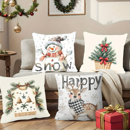 4pcs Festive Christmas Throw Pillow Covers, Contemporary Style, Snowman & Reindeer Print, 100% Polyester, Zipper Closure, Machine Washable, Decorative Cushion Cases for Living Room (No Insert)