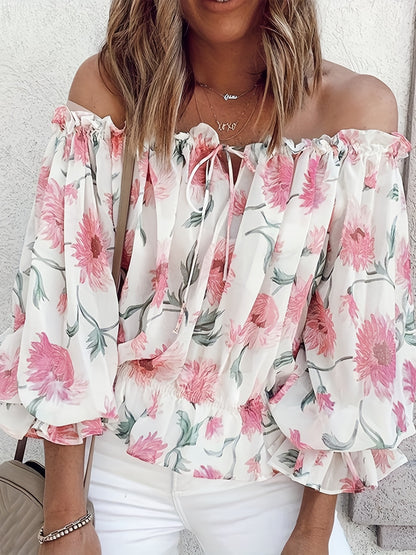 Off Shoulder Floral Print Blouse, Casual Ruffle Trim Blouse, Women's Clothing