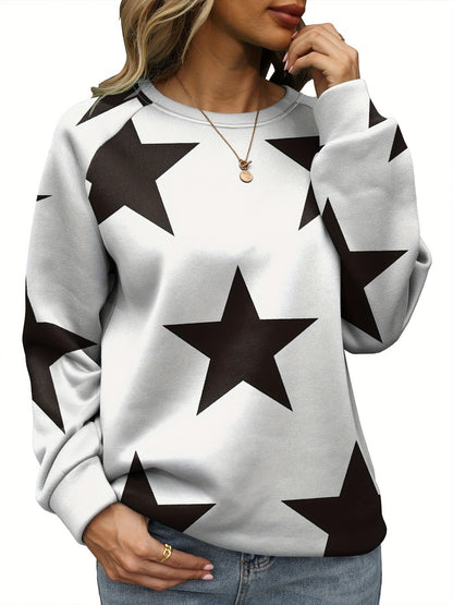 Sixsr Plus Size Casual Sweatshirt, Women's Plus Star Print Raglan Sleeve Crew Neck Slight Stretch Pullover Sweatshirt, Casual Tops For Fall & Winter, Plus Size Women's Clothing