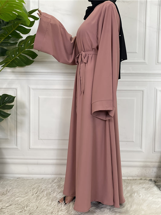 Sixsr Solid Long Sleeve Tie Waist Crew Neck Dress, Elegant Ruffled Hem Maxi Dress, Women's Clothing