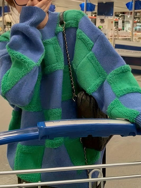 Sixsr Plaid Pattern Crew Neck Pullover Sweater, Casual Long Sleeve Drop Shoulder Sweater, Women's Clothing