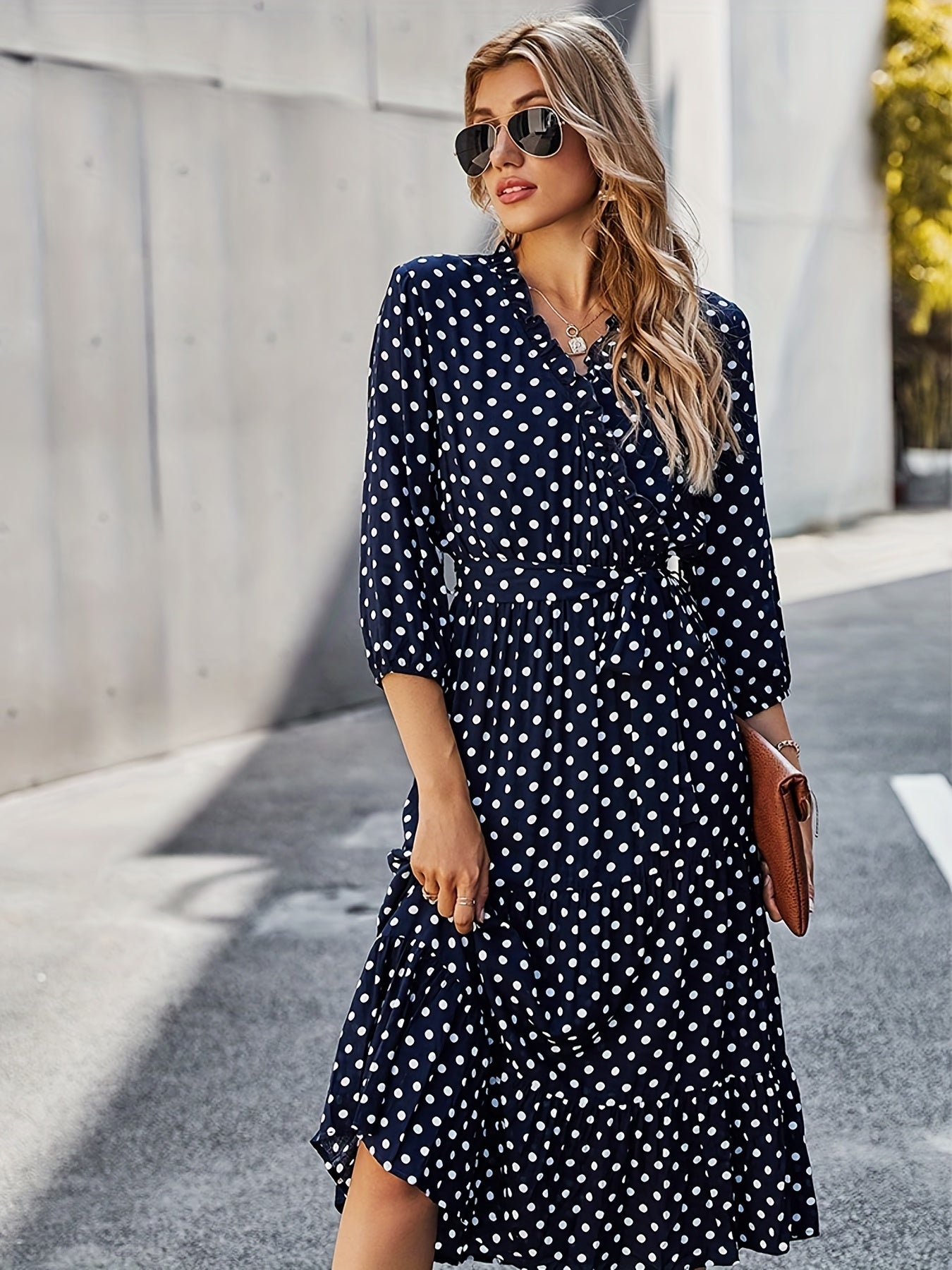 Sixsr Polka Dot Print 3/4 Sleeve Dress, Elegant Wrap Neck Midi Dress, Women's Clothing