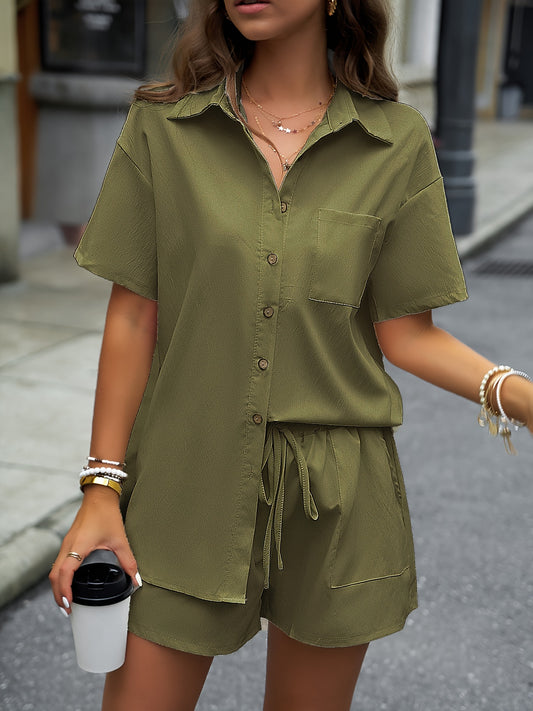 Sixsr Solid Casual Two-piece Set, Button Front Turn Down Collar Mid Length Shirt & Drawstring Elastic Waist Shorts Outfits, Women's Clothing