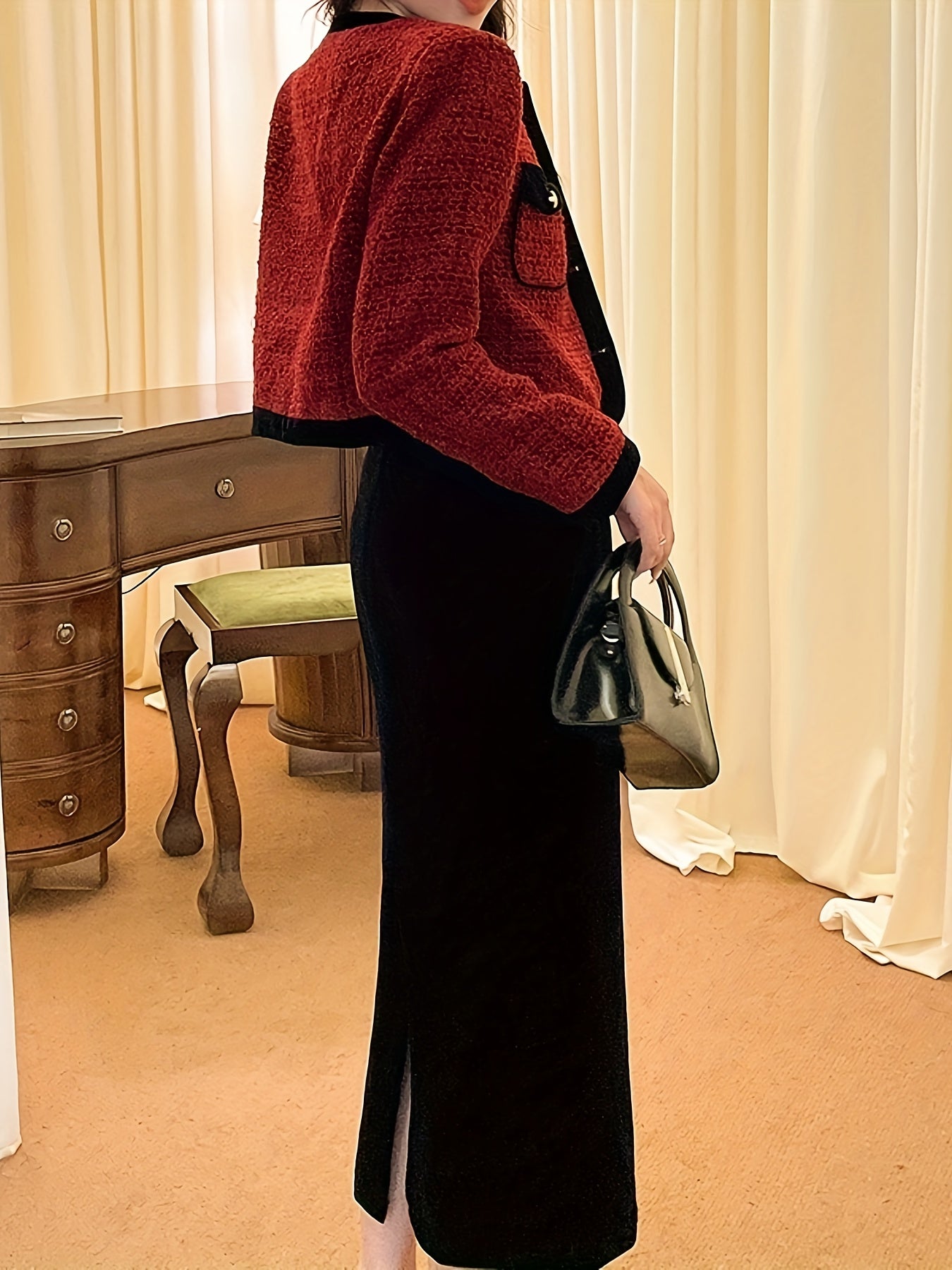 Sixsr Elegant Work Two-piece Set, Button Front Long Sleeve Tops & Solid Split Skirts Outfits, Women's Clothing
