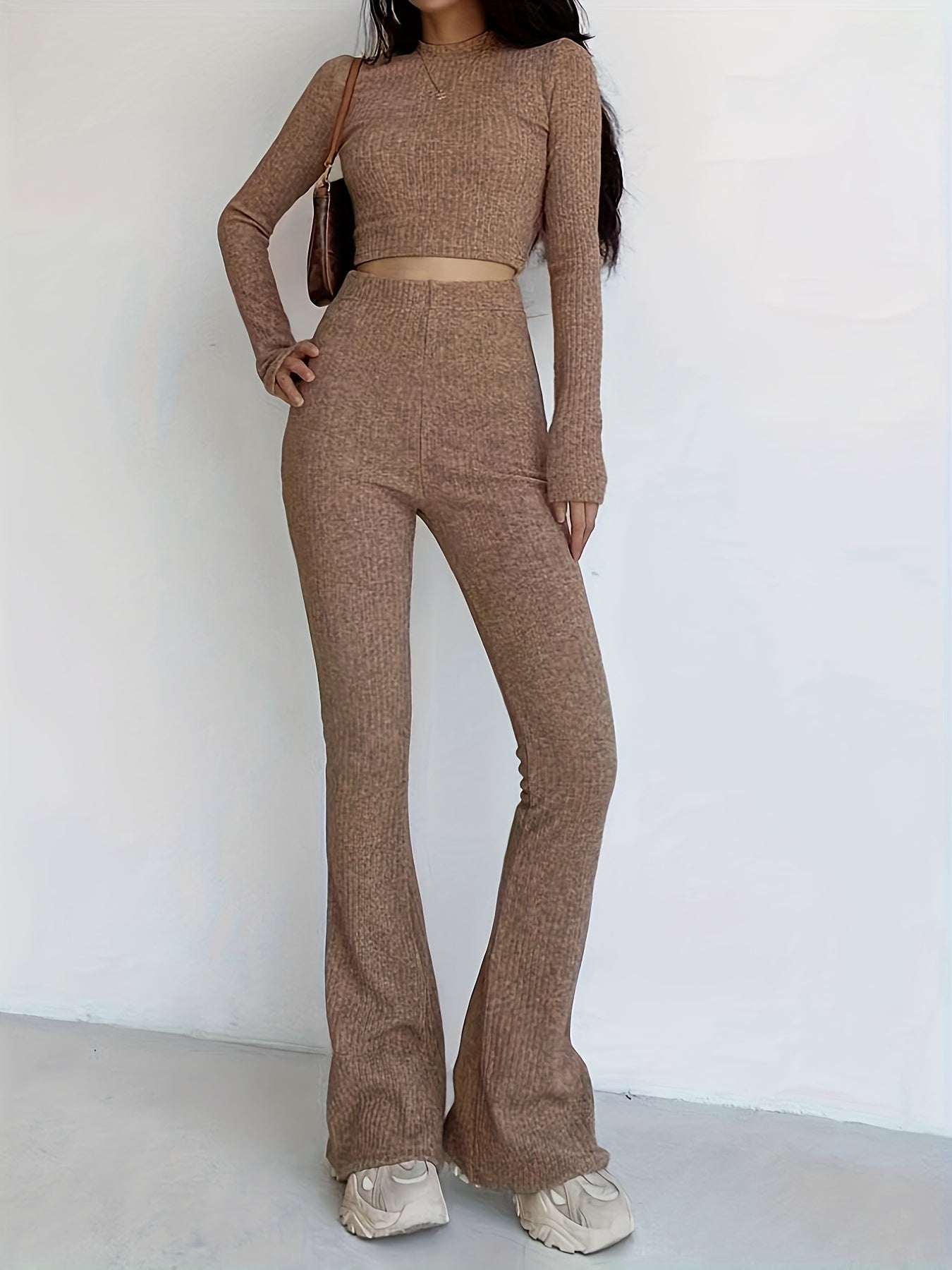 Sixsr Ribbed Two-piece Set, Sexy Mock Neck Long Sleeve Crop T-shirt & High Waist Flare Leg Pants, Women's Clothing