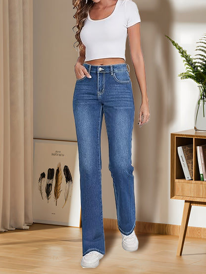 Sixsr High Waist Warm Winter Straight Jeans, High-stretch Fleece Liner Comfortable Denim Pants, Women's Denim Jeans & Clothing