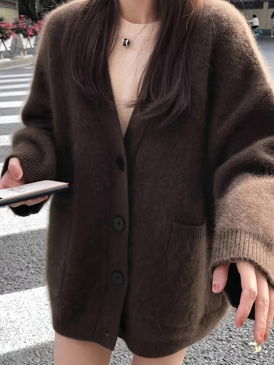 Sixsr Solid Button Down Knit Cardigan, Casual Long Sleeve Loose Fleece Sweater With Pocket, Women's Clothing