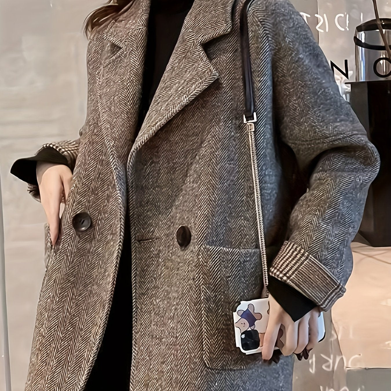 Sixsr Herringbone Button Front Blazer, Elegant Lapel Long Sleeve Blazer For Office & Work, Women's Clothing