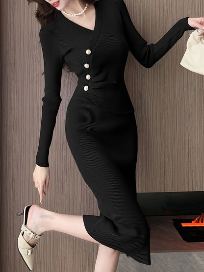 Sixsr Button Front Solid Midi Dress, Elegant V Neck Long Sleeve Dress, Women's Clothing