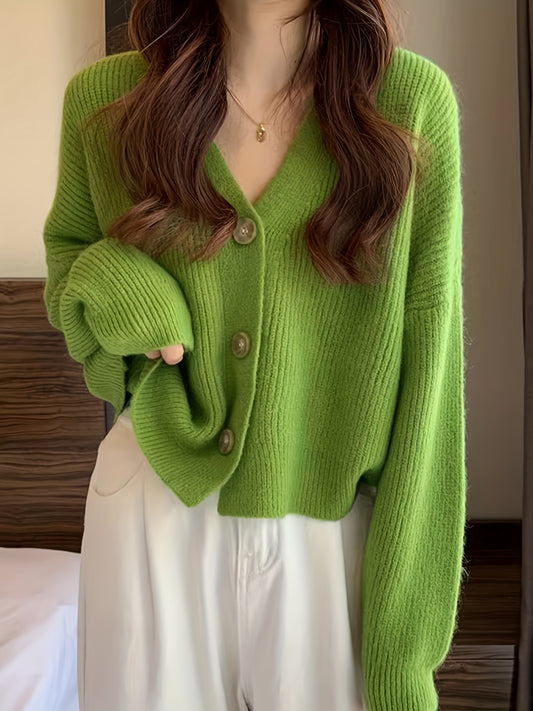 Sixsr Solid Button Down Knit Cardigan, Casual Long Sleeve Drop Shoulder Sweater, Women's Clothing