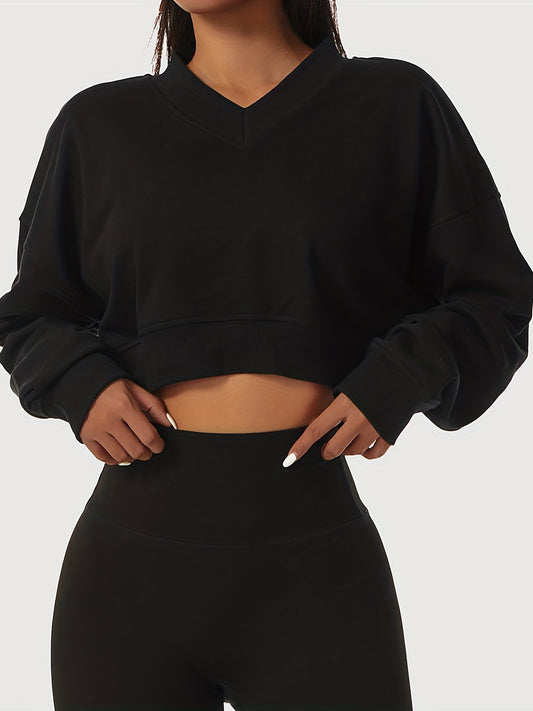 Sixsr Women's Solid Cropped Long Sleeve Sweatshirts, Casual V Neck Pullover  Sports T-Shirts Tops, Women's Clothing