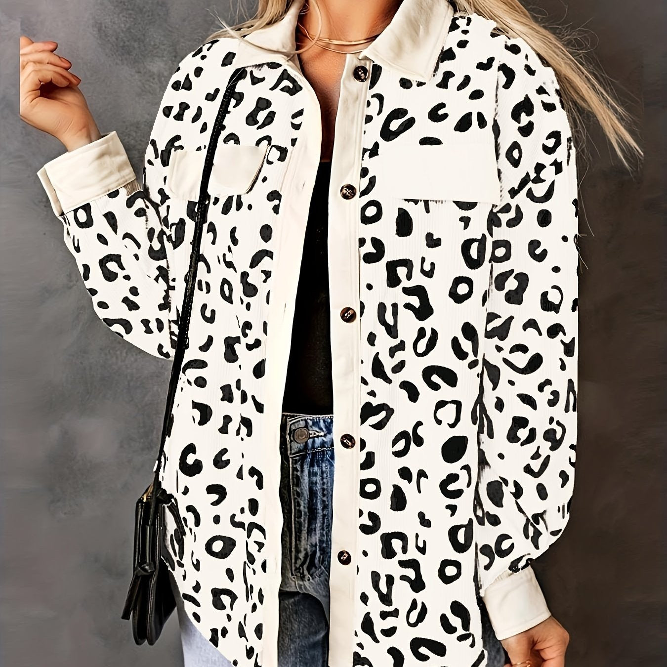 Sixsr Plus Size Casual Coat, Women's Plus Leopard Print Long Sleeve Lapel Collar Button Up Flap Pocketed Jacket