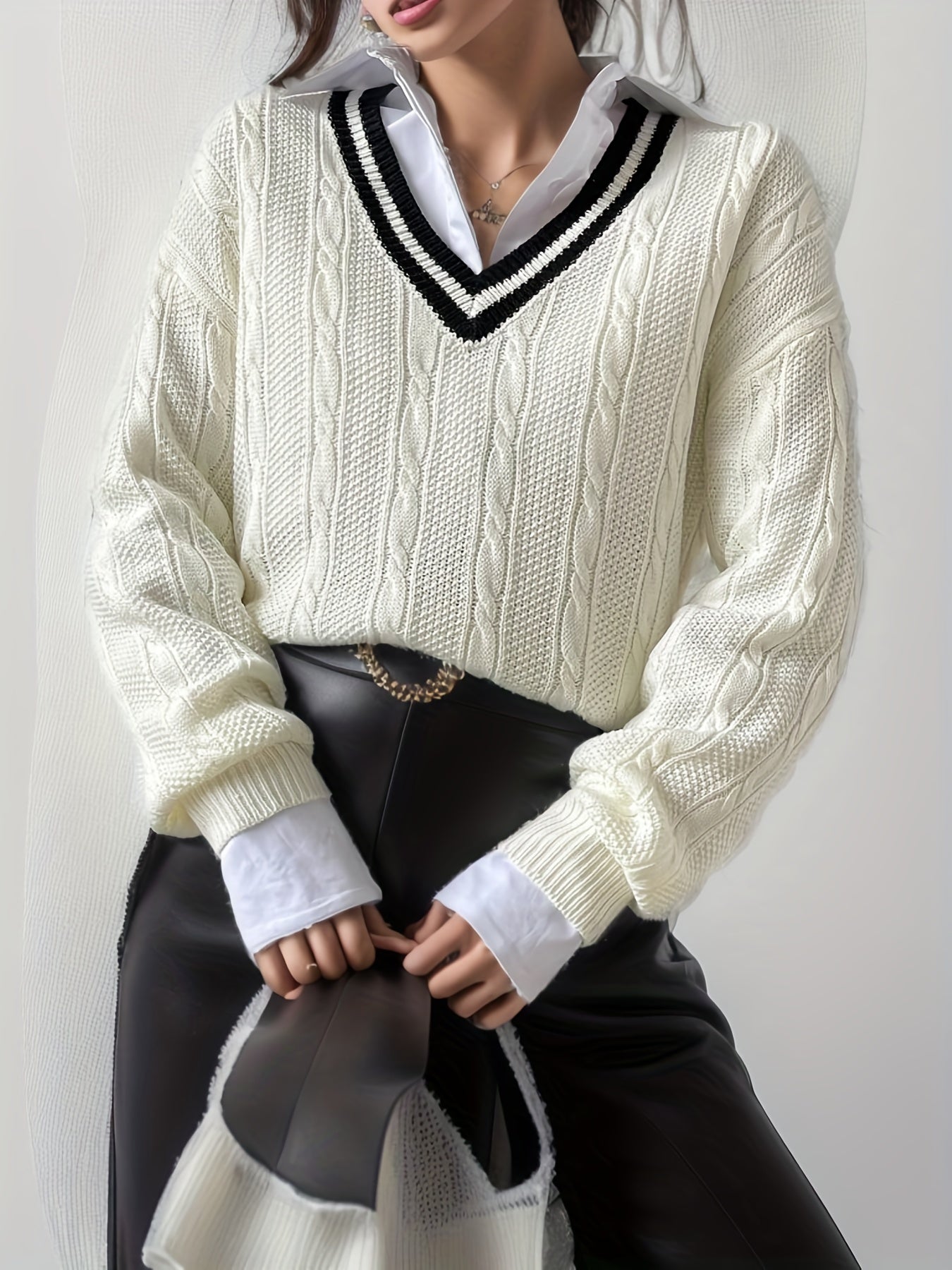 Sixsr V Neck Cable Knit Pullover Sweater, Casual Long Sleeve Drop Shoulder Sweater, Women's Clothing