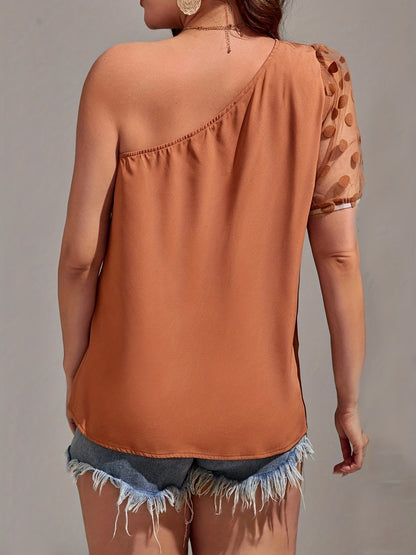 Solid Color One Shoulder Asymmetrical Blouse, Elegant Contrast Mesh Blouse Ffor Summer, Women's Clothing