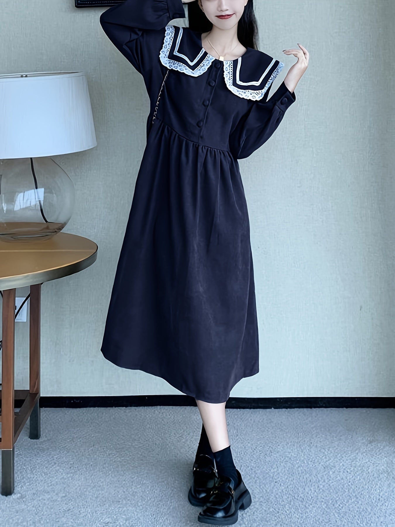 Sixsr Contrast Trim Sailor Collar Belted Dress, Preppy Long Sleeve Ruffle Hem Aline Dress For Spring & Fall, Women's Clothing