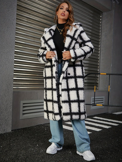 Sixsr Plaid Print Double-breasted Plush Coat, Casual Thermal Long Sleeve Lapel Midi Length Coat For Fall & Winter, Women's Clothing