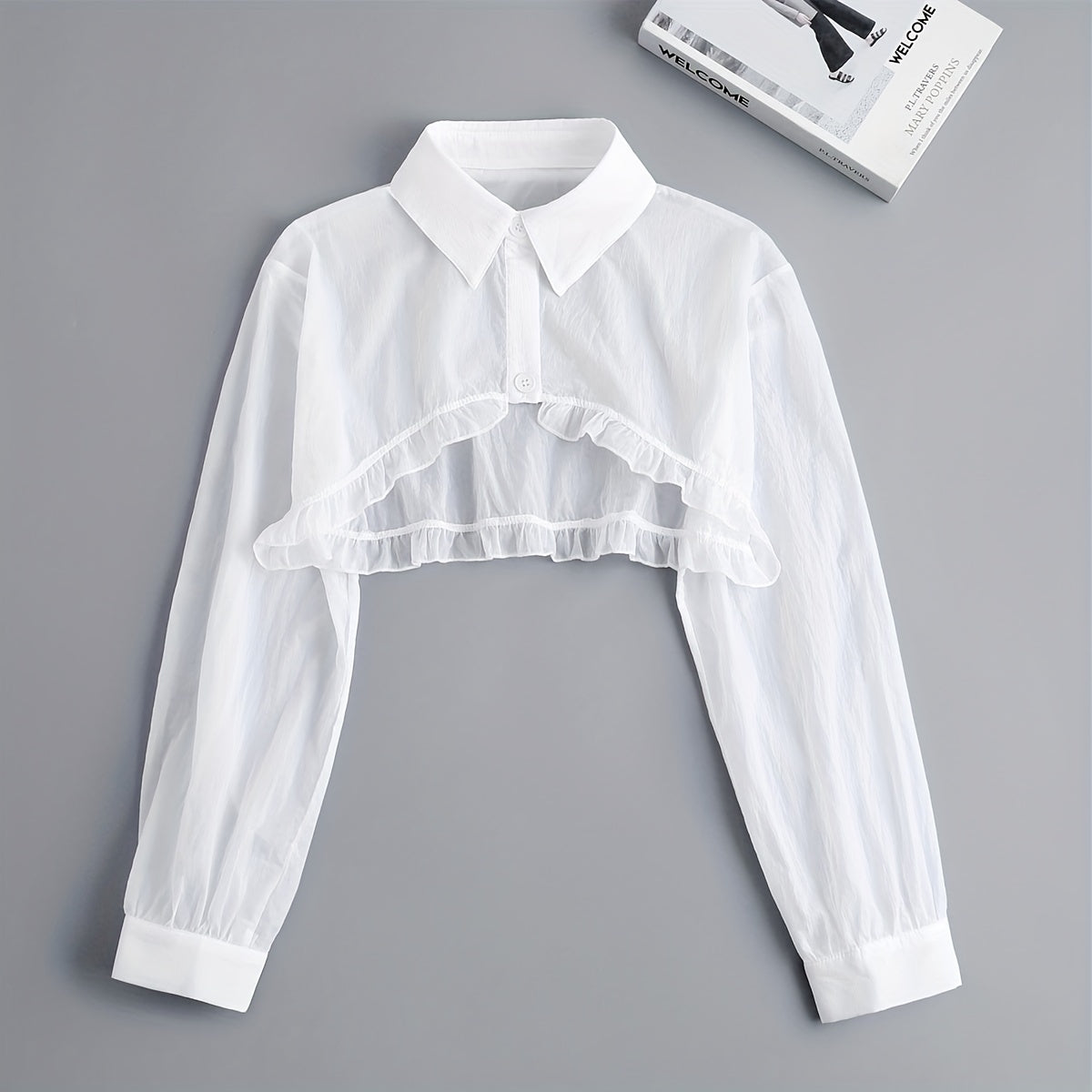 Sixsr Women's White Gauze Fake Collar With Long Sleeves Simple Solid Color Half Shirt Dickey Collar Summer Sun Protection Decoration False Collar