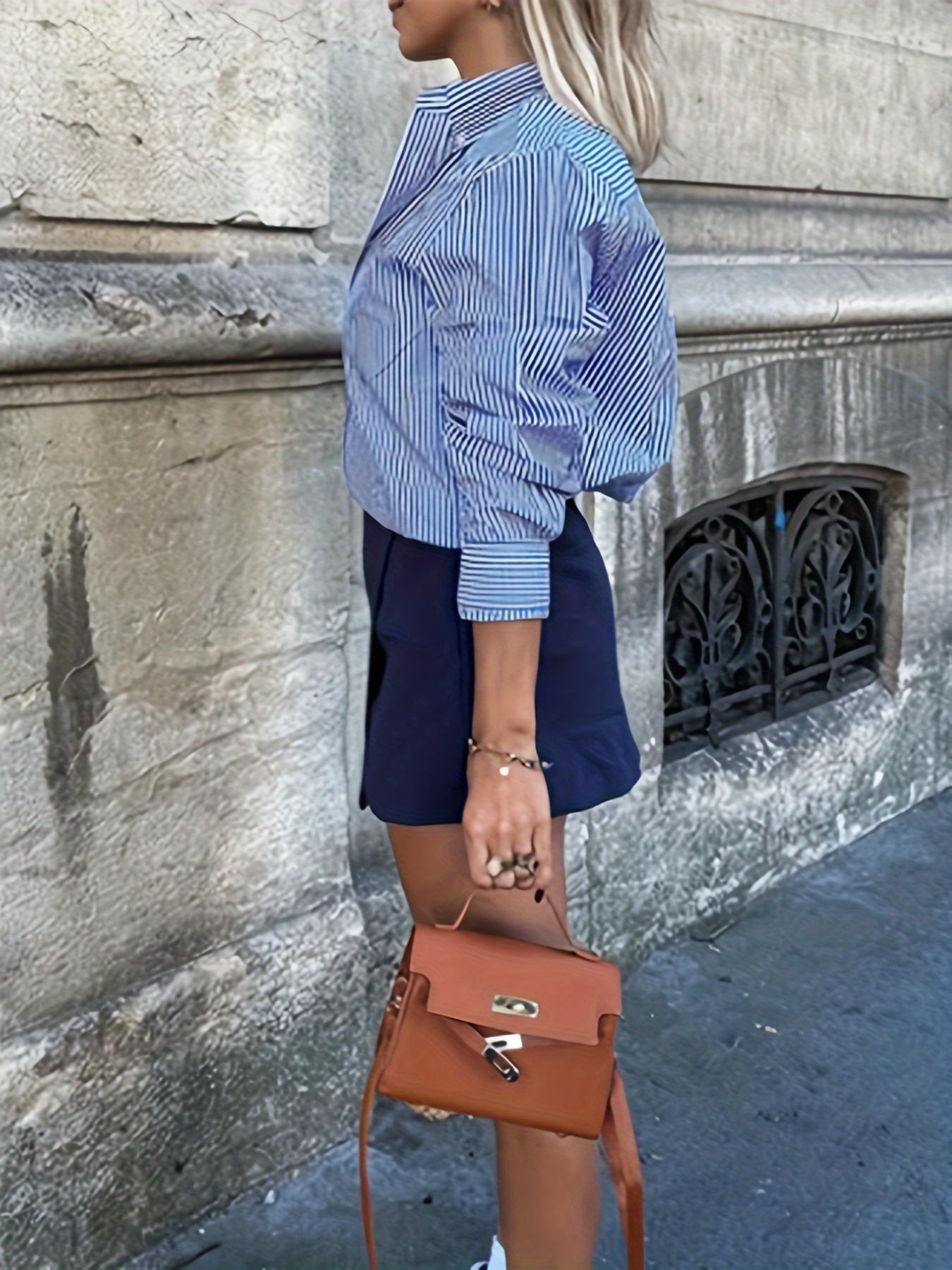 Sixsr Plus Size elegant Blouse, Women's Plus Stripe Print Button Up Long Sleeve Stand Collar Blouse