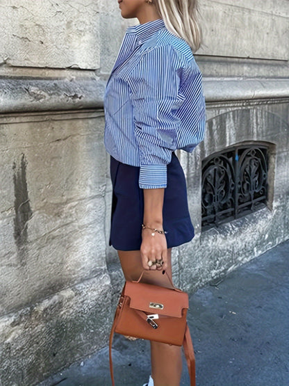 Sixsr Plus Size elegant Blouse, Women's Plus Stripe Print Button Up Long Sleeve Stand Collar Blouse