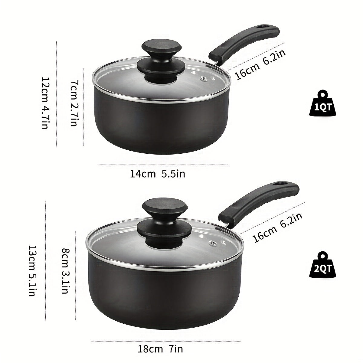 1set Nonstick Sauce Pan Set with Lid, 1 QT + 2.0 QT Sauce pot Cooking Pots Set, Stay-cool Handle, Induction Compatible, PFOA Free Black and Golden