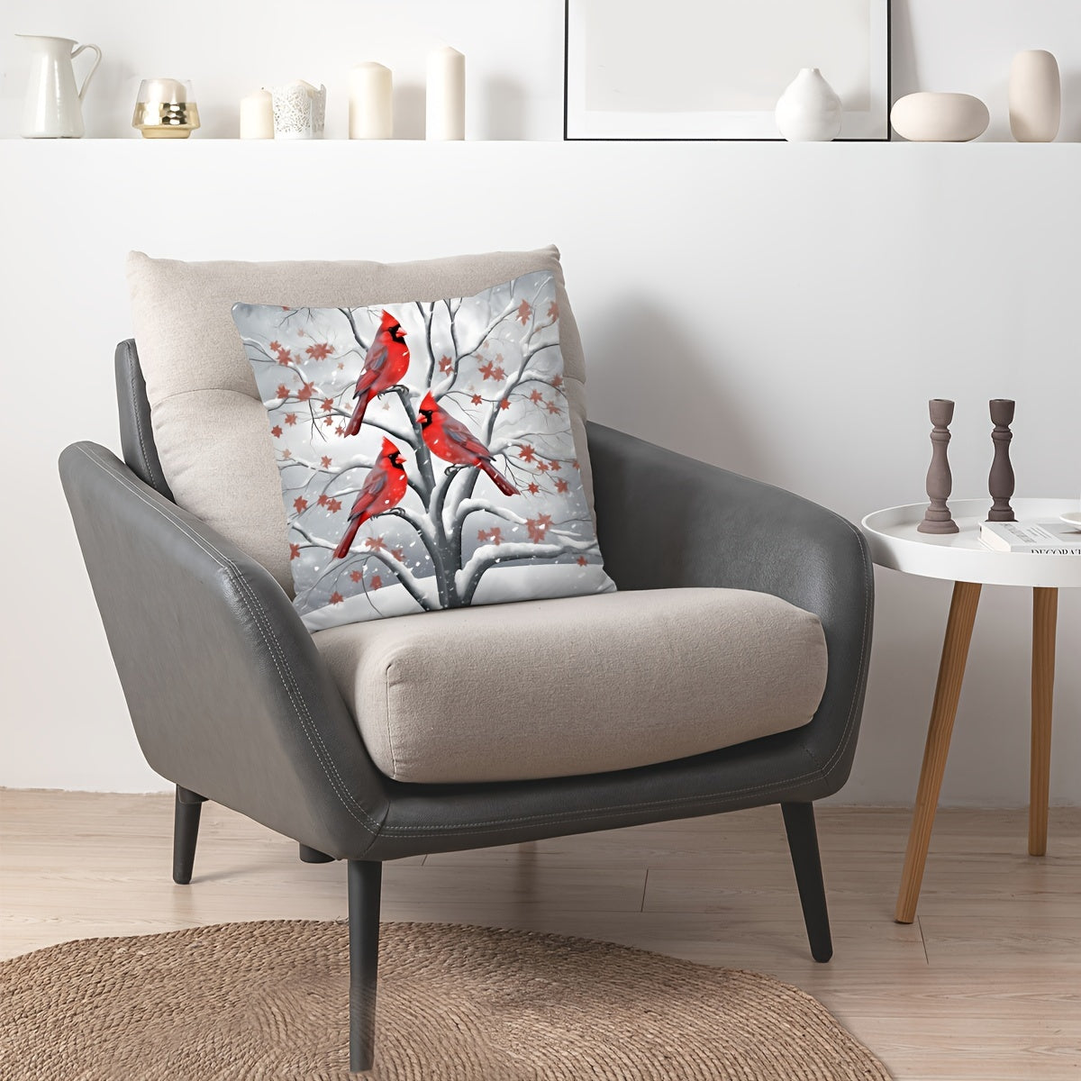 Christmas Charm Pillow Cover 17.7" - Festive Tree, Snowman & Bird Design | Soft Polyester, Zip Closure | Perfect for Sofa & Bedroom Decor, Christmas Decor