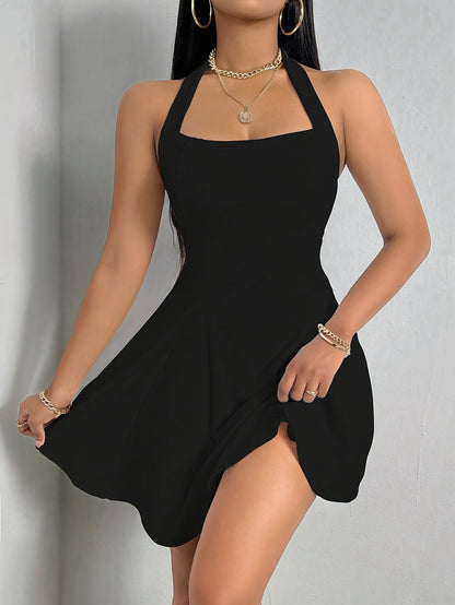 Sixsr  Solid Color Halter Neck Dress, Y2K Backless Straight Neck Flare Dress, Women's Clothing