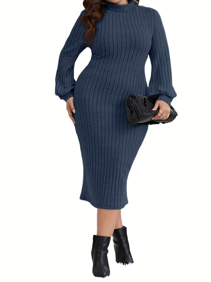 Sixsr Plus Size Casual Dress, Women's Plus Solid Ribbed Lantern Sleeve High Neck Bodycon Midi Dress