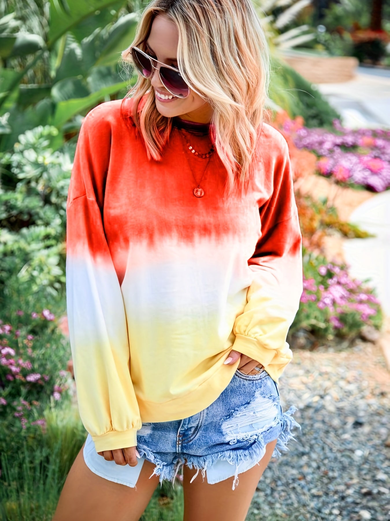 Gradient Tie Dye T-Shirt, Long Sleeve Crew Neck Casual Top For Spring & Fall, Women's Clothing