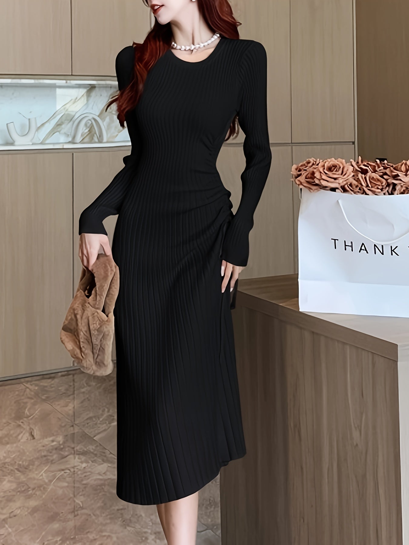 Sixsr Ribbed Drawstring Solid Dress, Elegant Crew Neck Long Sleeve Dress, Women's Clothing