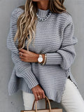Sixsr Solid Mock Neck Chunky Knit Sweater, Casual Long Sleeve Split Pullover Sweater For Fall & Winter, Women's Clothing