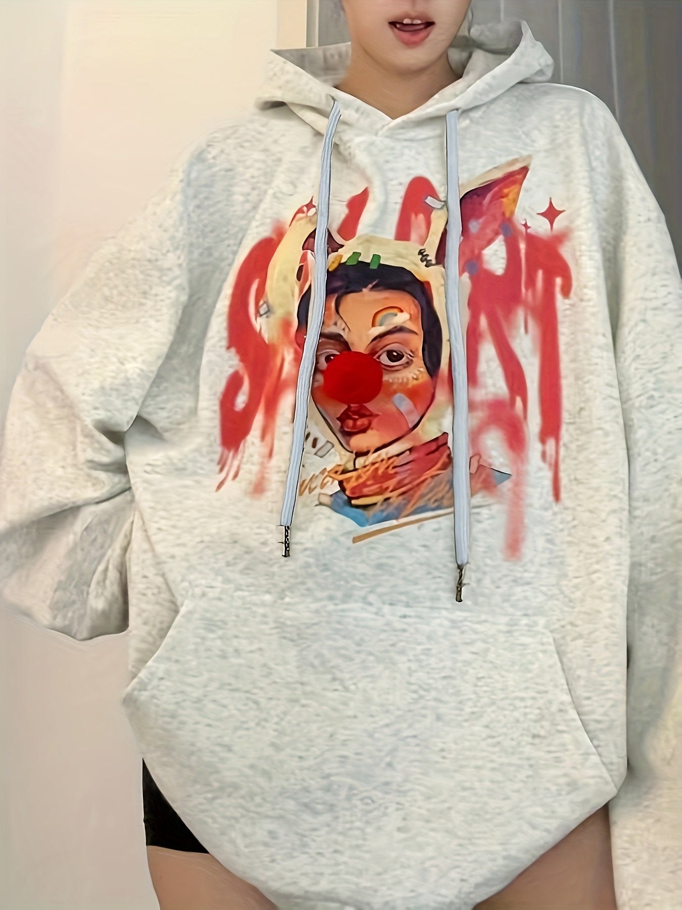 Sixsr Graphic Print Drawstring Hoodie, Vintage Long Sleeve Drop Shoulder Hoodie, Women's Clothing