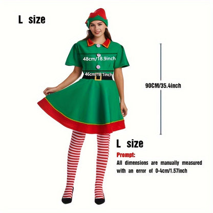 4PCS Women's Christmas Elf Costume Set - Polyester Elf Dress, Hat, Belt, Striped Stockings for Holiday Parties & Halloween - Universal Adult Novelty Outfit without Feathers, No Electricity Required