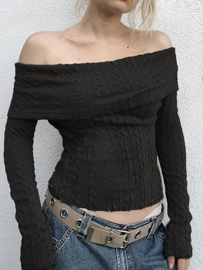 Sixsr Solid Textured Off Shoulder T-Shirt, Casual Long Sleeve Top For Spring & Fall, Women's Clothing