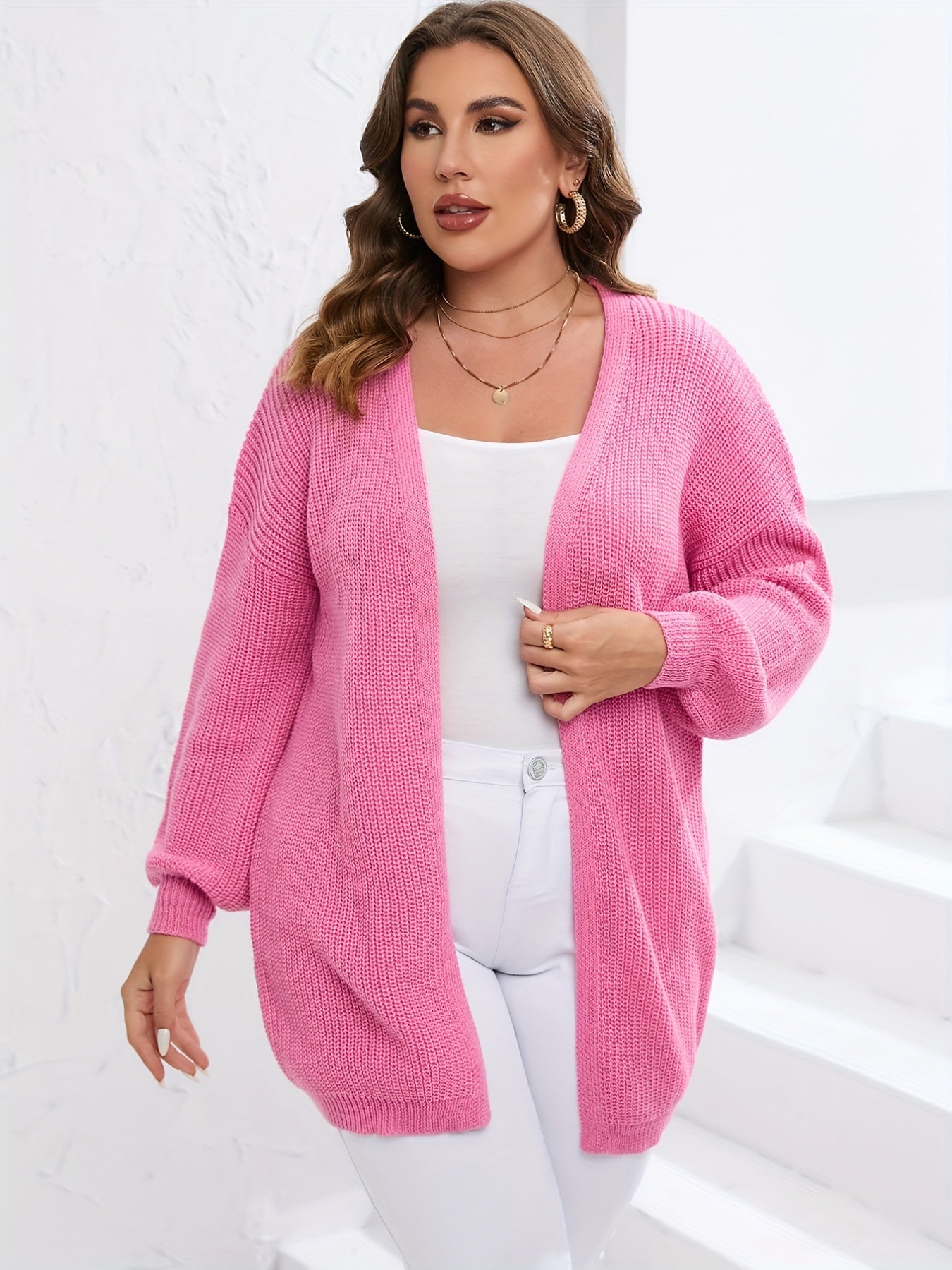 Sixsr Plus Size Solid Long Sleeve Knit Sweater Cardigan, Women's Plus Slight Stretch Casual Cardigan