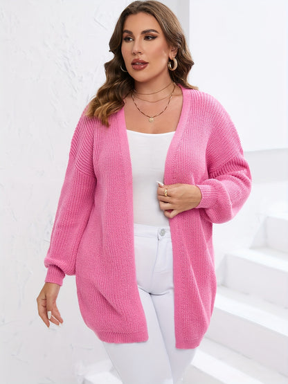 Sixsr Plus Size Solid Long Sleeve Knit Sweater Cardigan, Women's Plus Slight Stretch Casual Cardigan