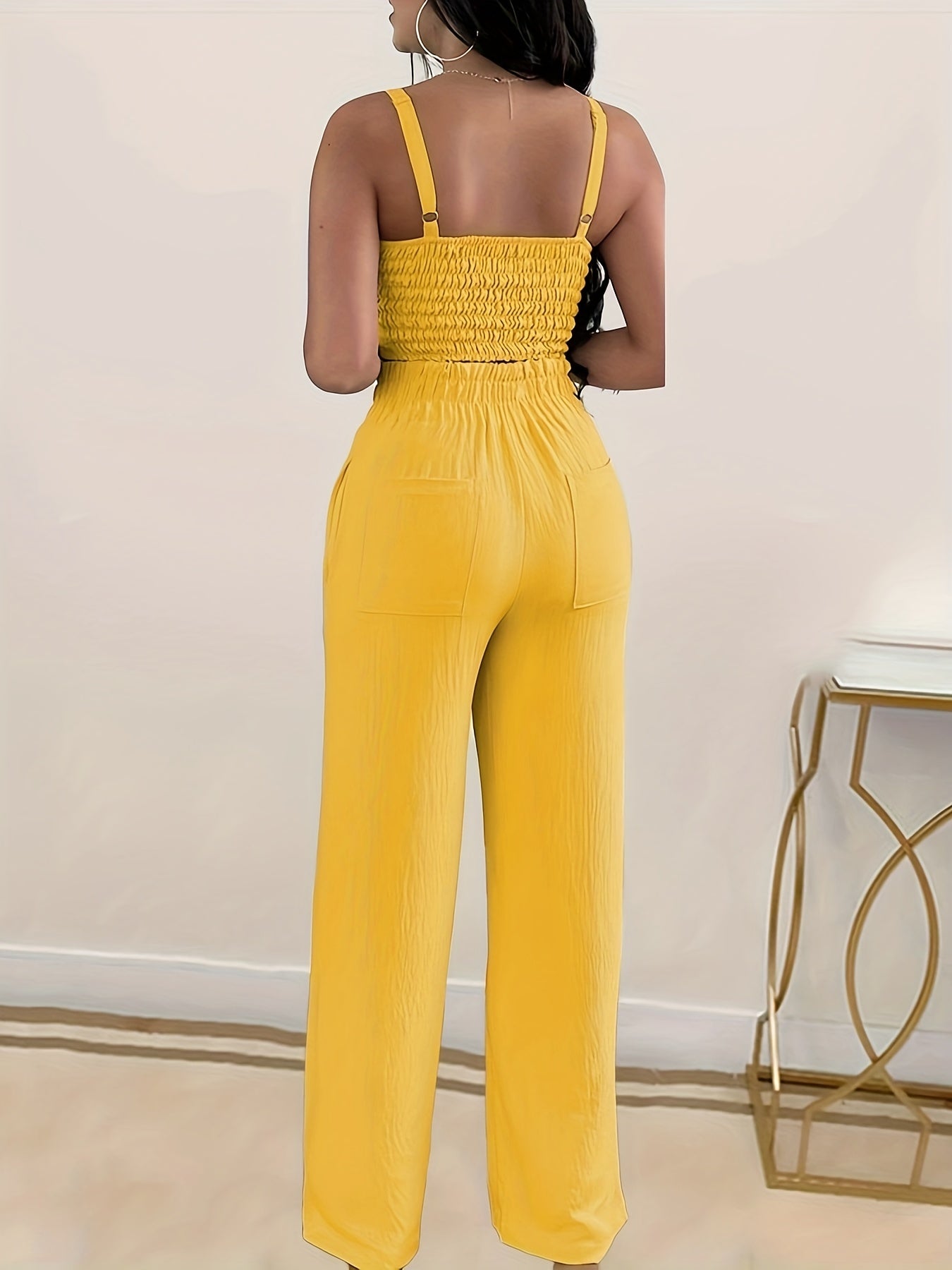 Casual Solid Two-piece Set, V-neck Shirred Crop Cami Top & Tie Waist Pants Outfits, Women's Clothing