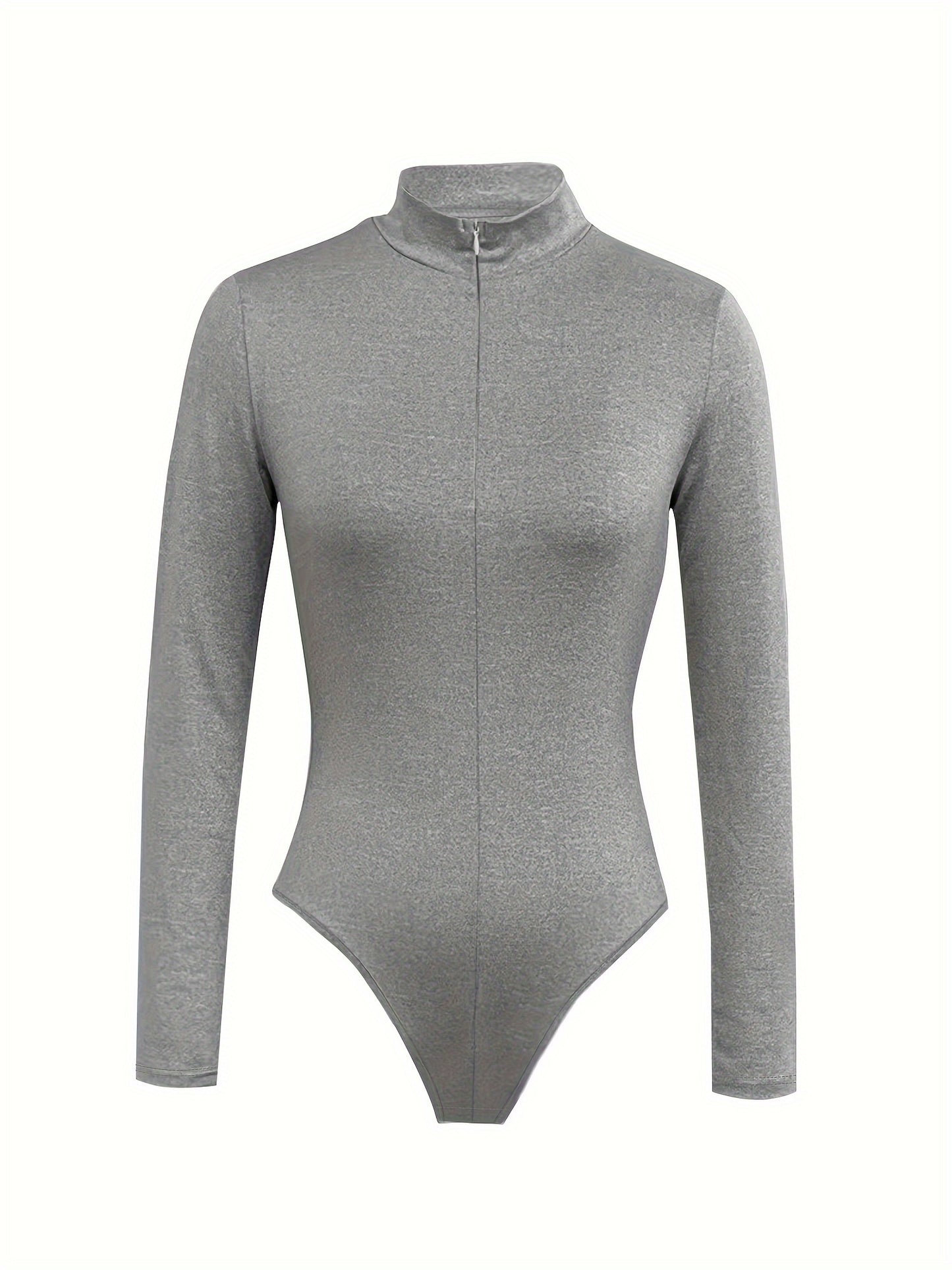 Solid Zip Up Mock Neck Bodysuit, Elegant Long Sleeve Slim Bodysuit, Women's Clothing