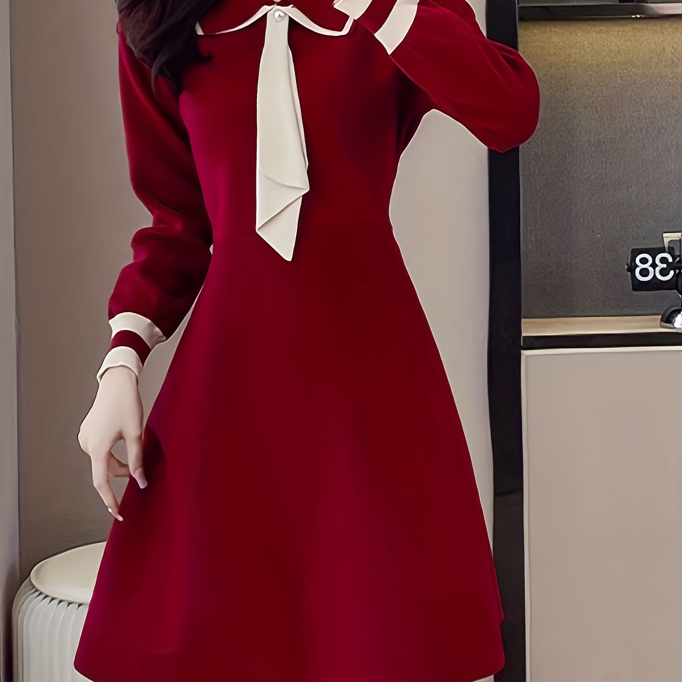 Sixsr Tie Neck A Line Dress, Elegant Long Sleeve Midi Dress, Women's Clothing