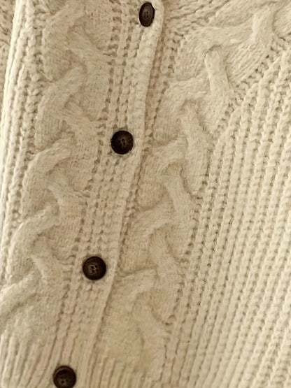 Sixsr Solid Button Down Cable Knit Cardigan, Casual Long Sleeve Loose Thick Sweater, Women's Clothing