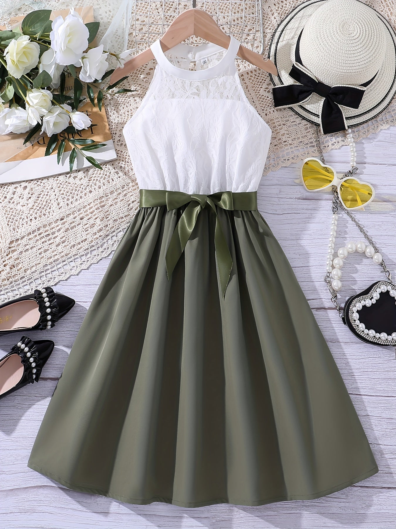 Elegant Girls Splicing Halter Neck Sleeveless Dress With Bow Belt Summer Party Gift