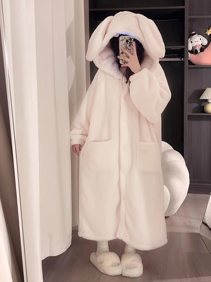 Sixsr Cute Rabbit Hooded Fleece Night Robe, Thickened Long Sleeve Button Up Robe With Pockets, Women's Sleepwear & Dresses