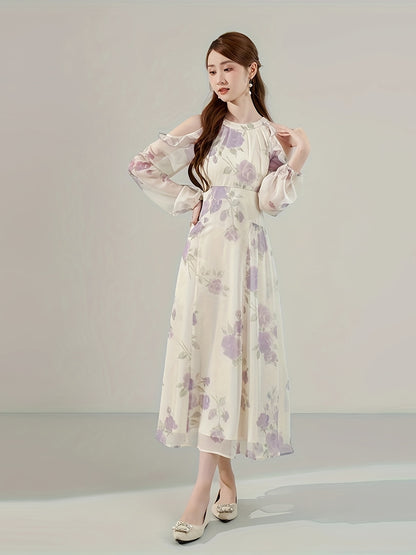 Floral Print Cold Shoulder Dress, Elegant Long Sleeve Dress For Spring & Fall, Women's Clothing