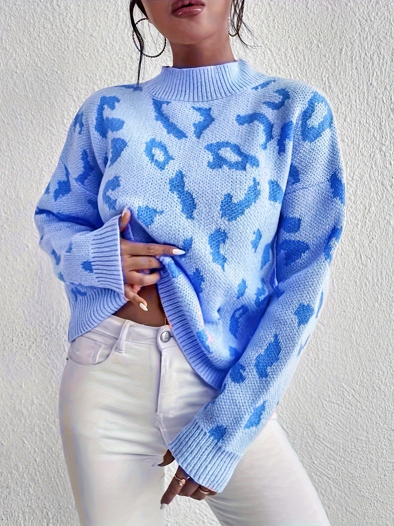 Sixsr Leopard Pattern Mock Neck Sweater, Casual Long Sleeve Sweater For Fall & Winter, Women's Clothing