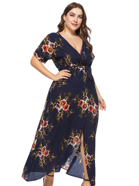 Sixsr Plus Size Floral Print Split Hem Maxi Dress With Belt, Women's Plus V Neck Long Dress, Dress Women