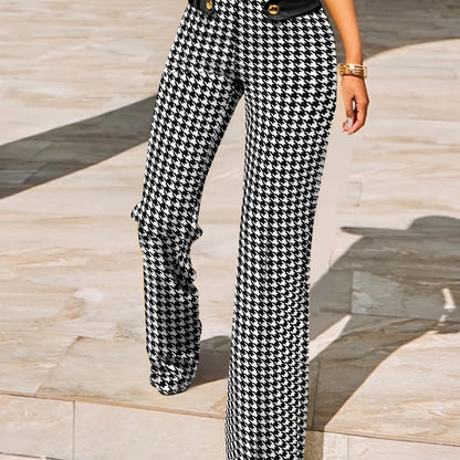 Women's Stylish Houndstooth High Waist Straight Leg Pants - Perfect for Casual Everyday Wear